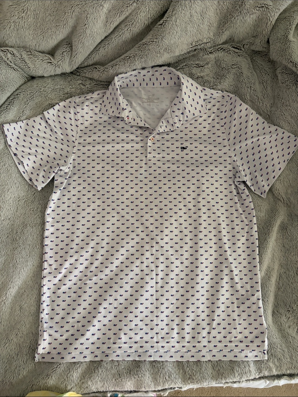 Vineyard Vines White Polo with Navy Whale Microprint